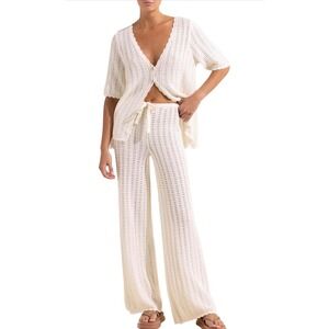 Imily Bela Women Cream Crochet Knit 2 Piece Set Cardigan Wide Leg Pants XL